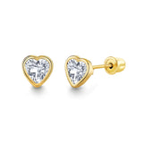 14K Solid Gold Simulated Diamond Heart Bezel Screw-Back Stud Earrings CZ