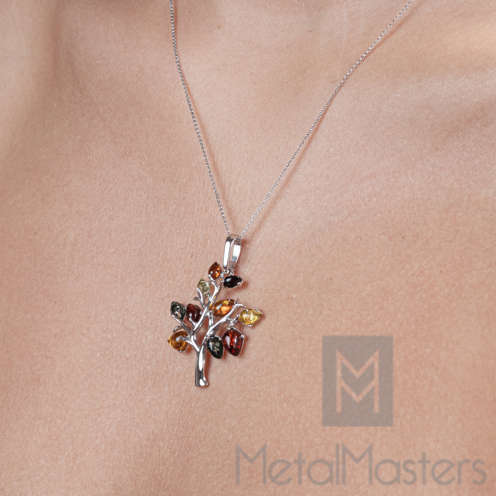 Baltic Amber Tree of Life Sterling Silver Pendant Necklace 18" Rolo Chain