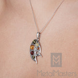 Baltic Amber Artist Painter Palette Sterling Silver Pendant Necklace 18" Rolo Chain