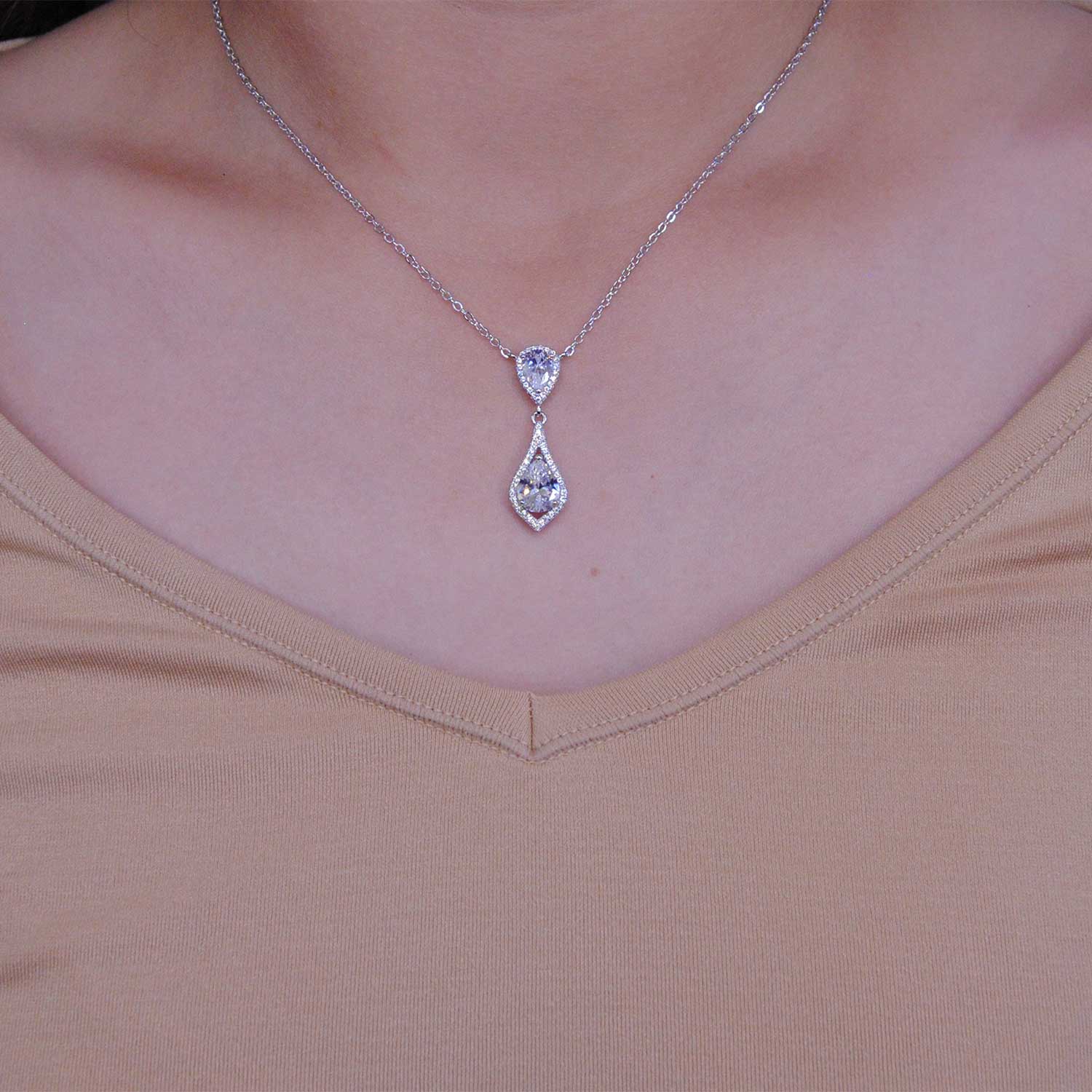 Women's Sterling Silver 925 Opera Charm Pendant Pear Cubic Zirconia Necklace 16-18"