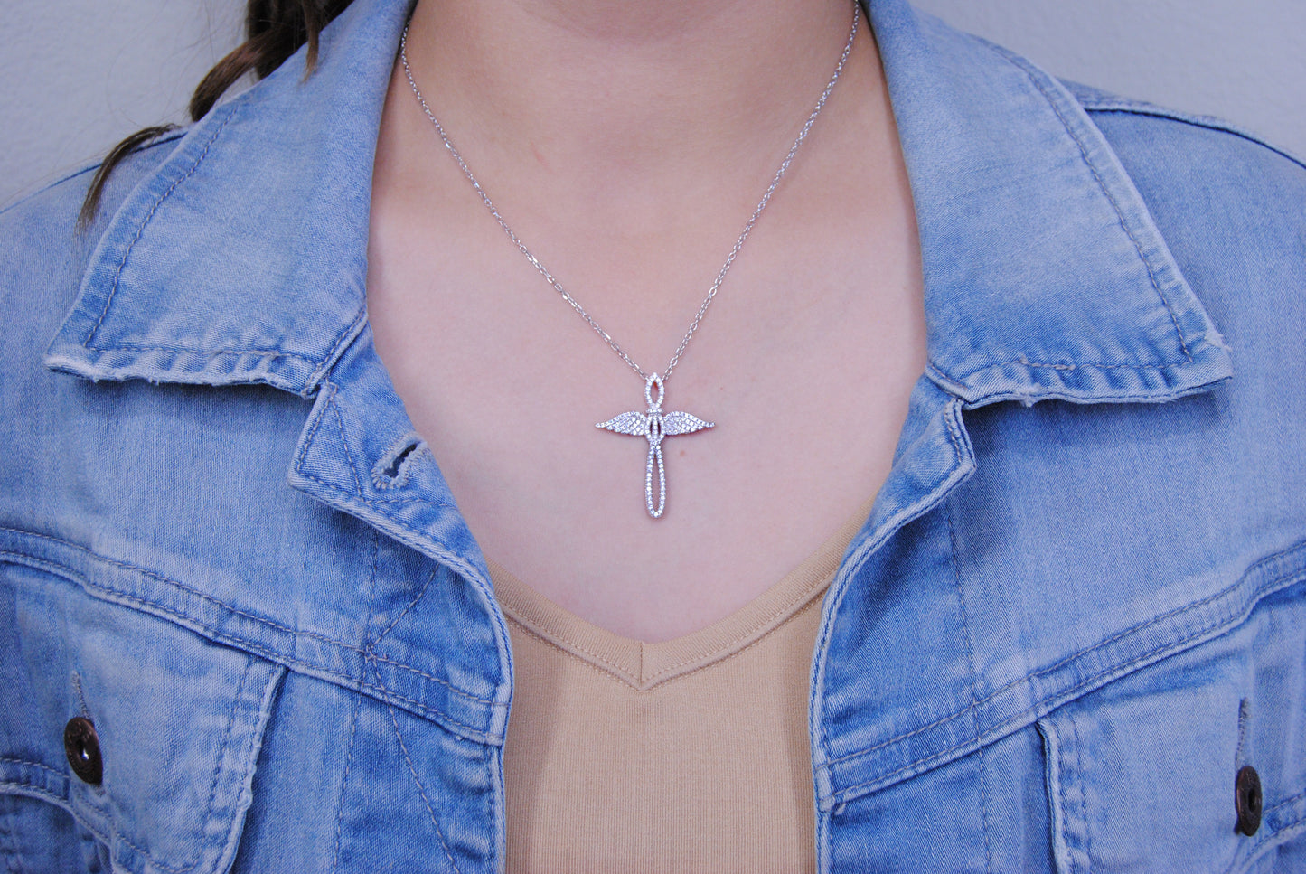 Sterling Silver 925 Angel Cross Charm Pendant Diamond Adjustable Necklace 16-18"