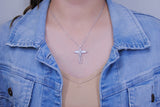Sterling Silver 925 Angel Cross Charm Pendant Diamond Adjustable Necklace 16-18"