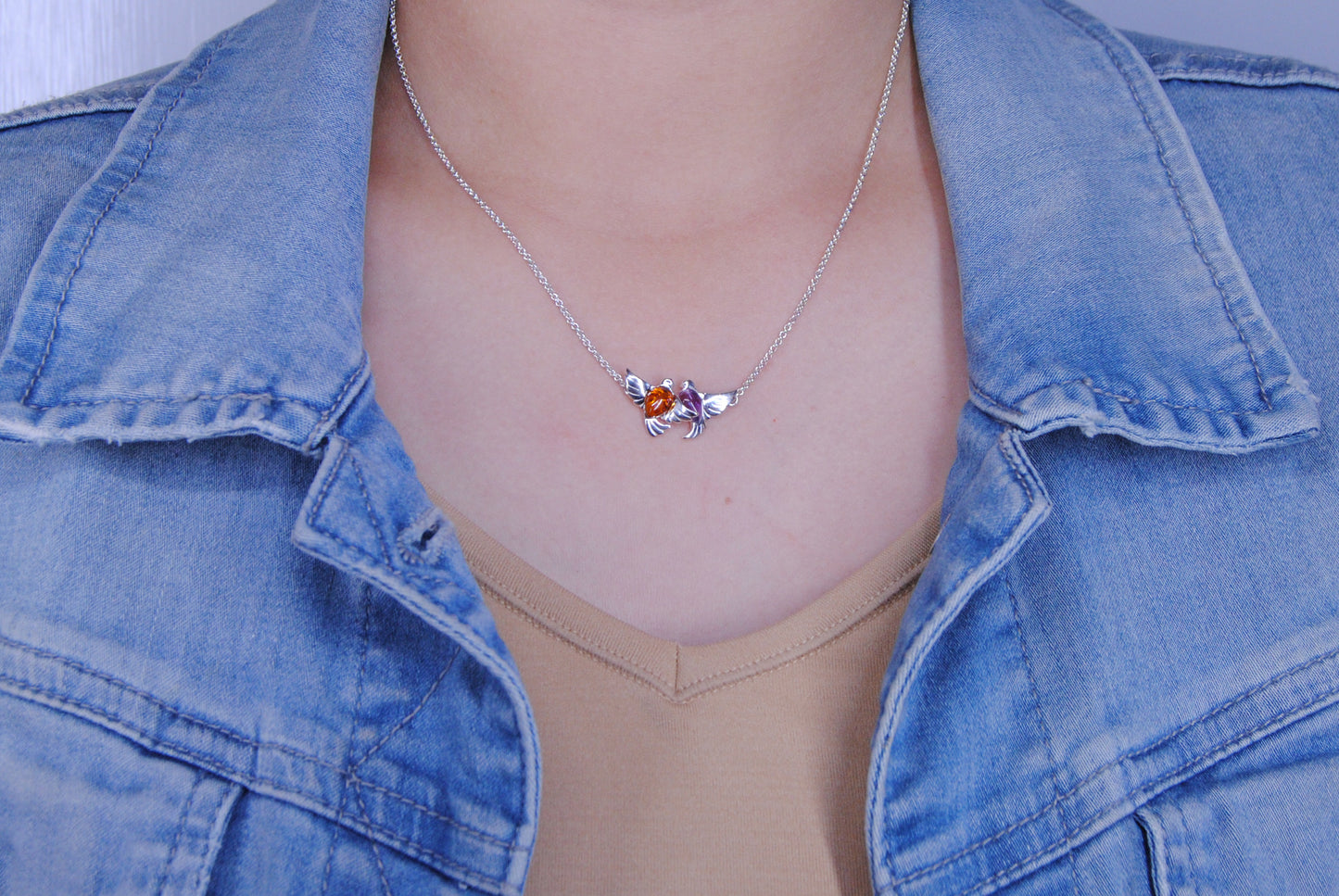 Amber Cabochon Free Birds Sterling Silver 925 Pendant Necklace 18" Rolo Chain