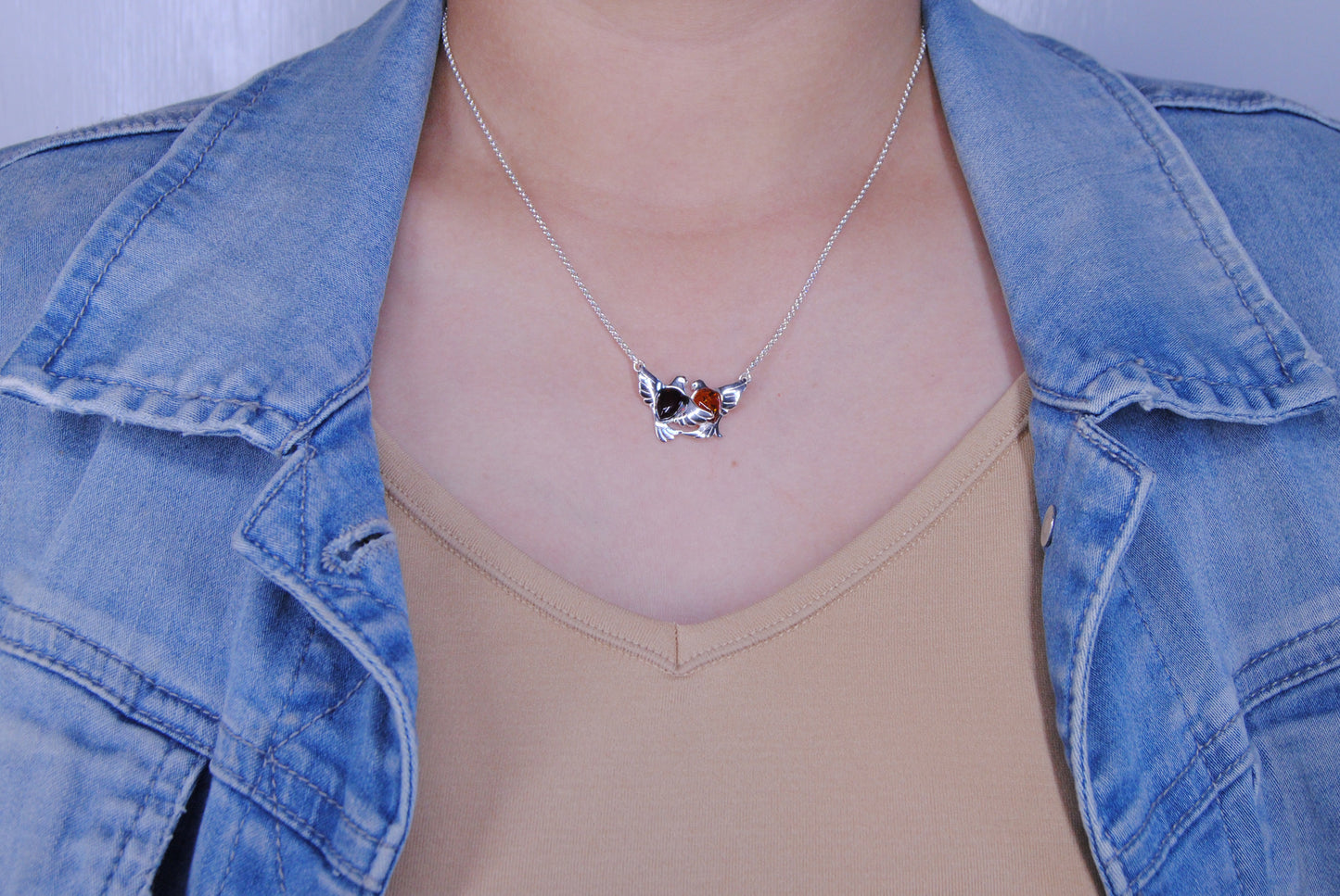 Sterling Silver 925 Freed Birds Cabochon Amber Amethyst Pendant Adjustable Necklace 16-18"