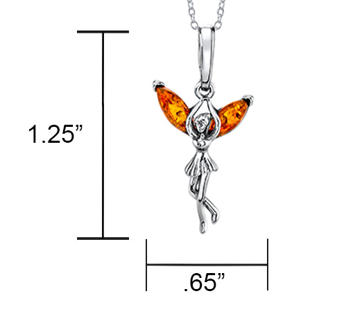 Baltic Amber Fairy Ballerina Sterling Silver Pendant Necklace 18" Rolo Chain