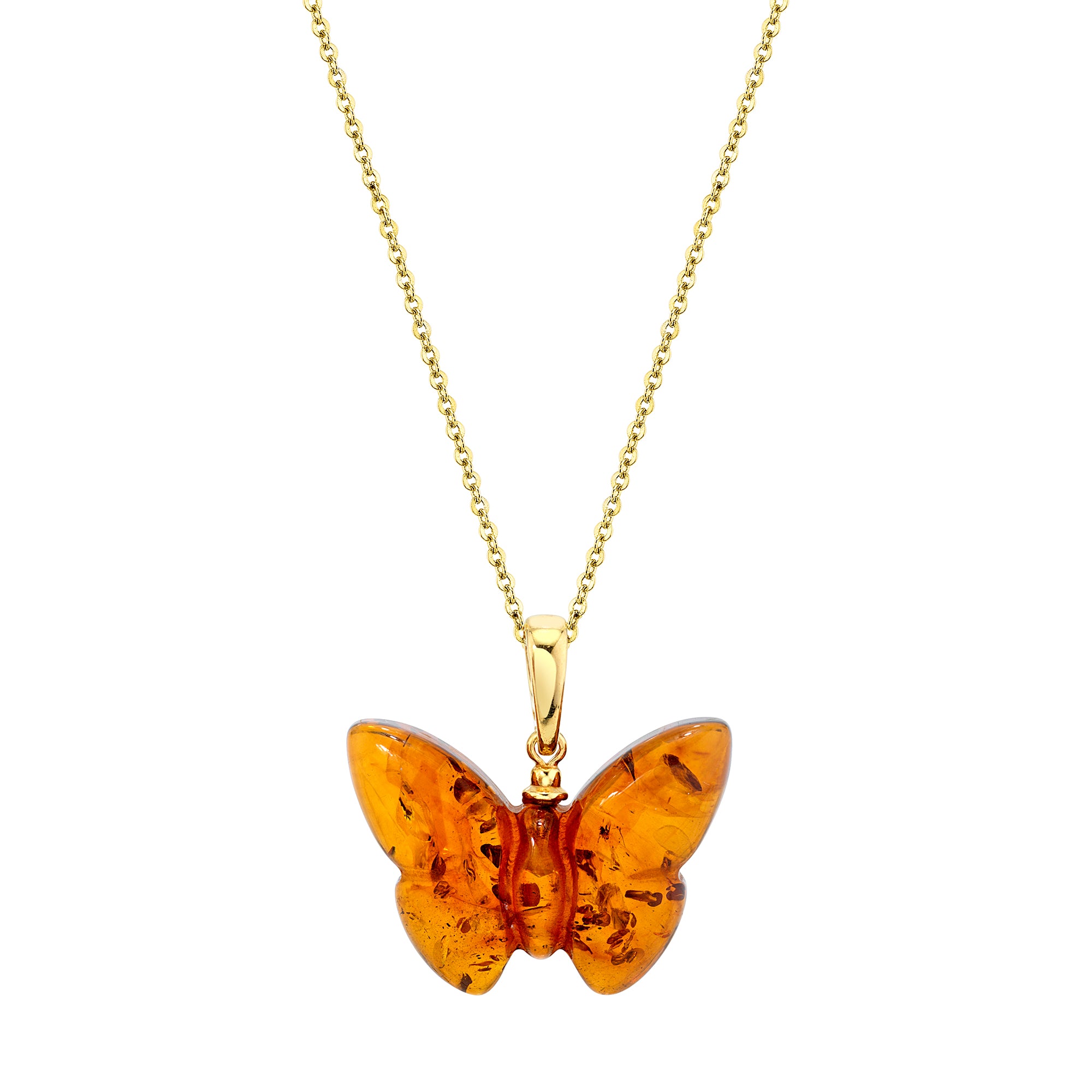 Baltic Amber Butterfly 14K Goldplated Sterling Silver Pendant Necklace 18" Chain
