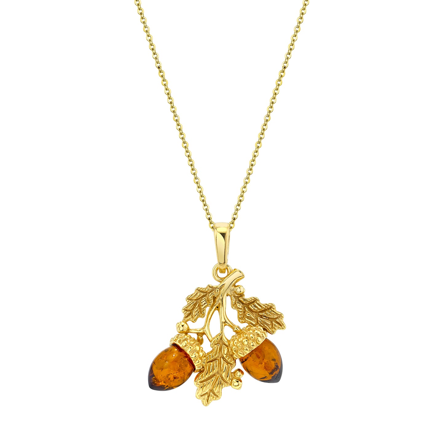 Baltic Amber Acorn Oak Leaf Branch 14K Goldplated Sterling Silver Pendant 18"  Necklace