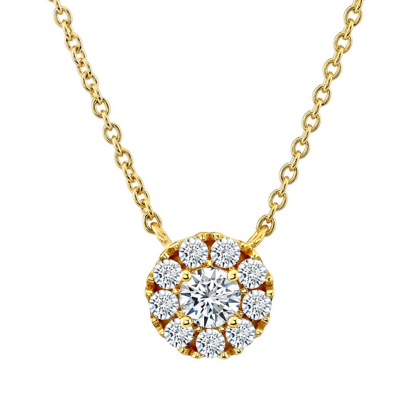 .50 Carat Round-Cut Moissanite Halo Pendant Necklace in 18K Yellow Gold Over Silver 16"-18
