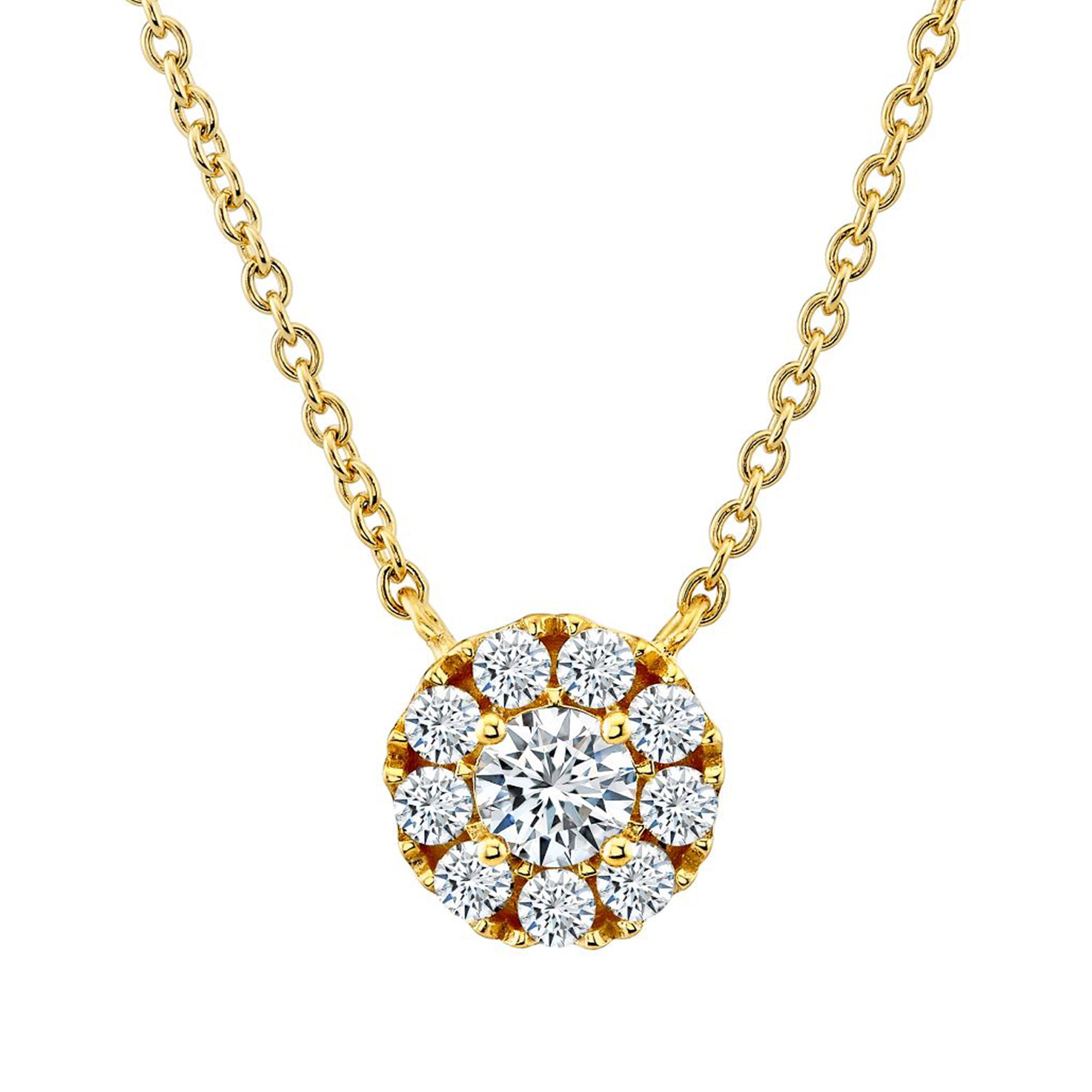 .50 Carat Round-Cut Moissanite Halo Pendant Necklace in 18K Yellow Gold Over Silver 16"-18