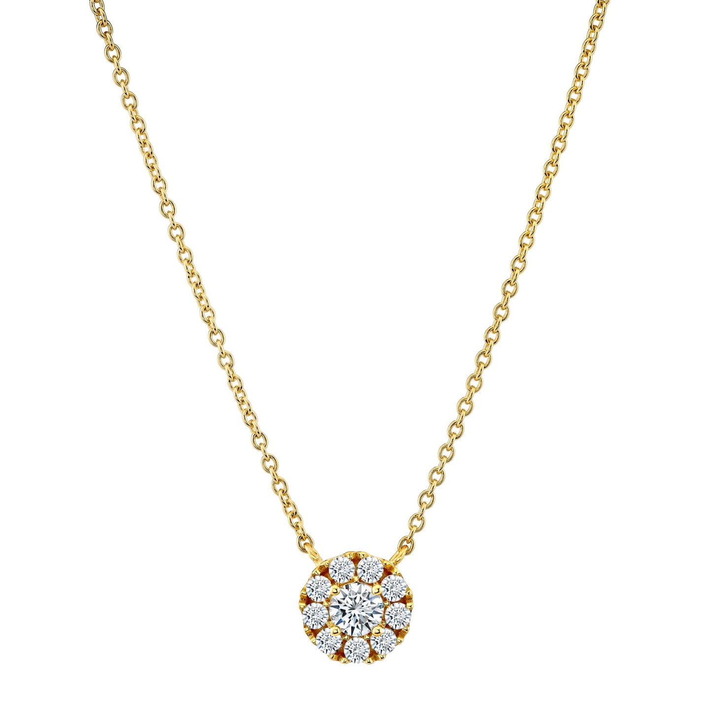 .50 Carat Round-Cut Moissanite Halo Pendant Necklace in 18K Yellow Gold Over Silver 16"-18