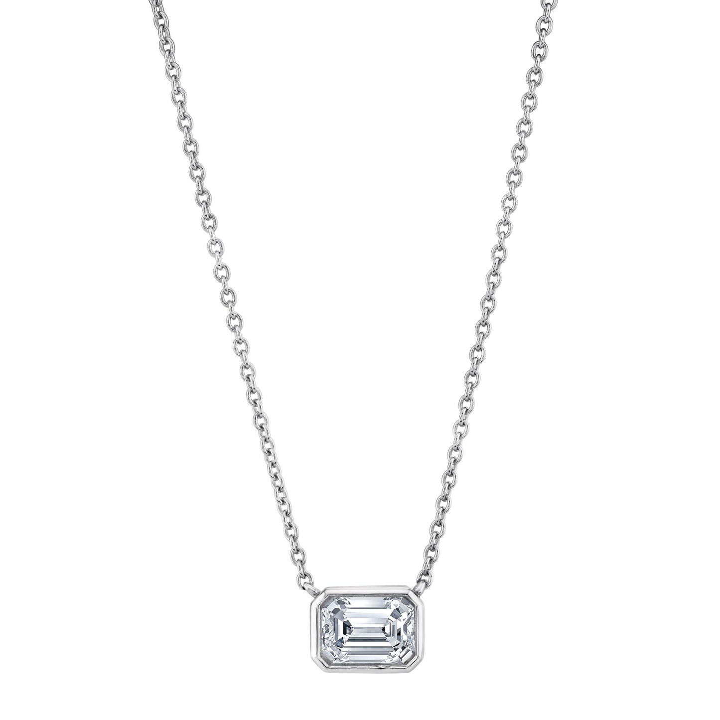 1 Ct. Moissanite Emerald-cut East West Pendant Necklace 18K White Gold on Silver Adjustable Chain
