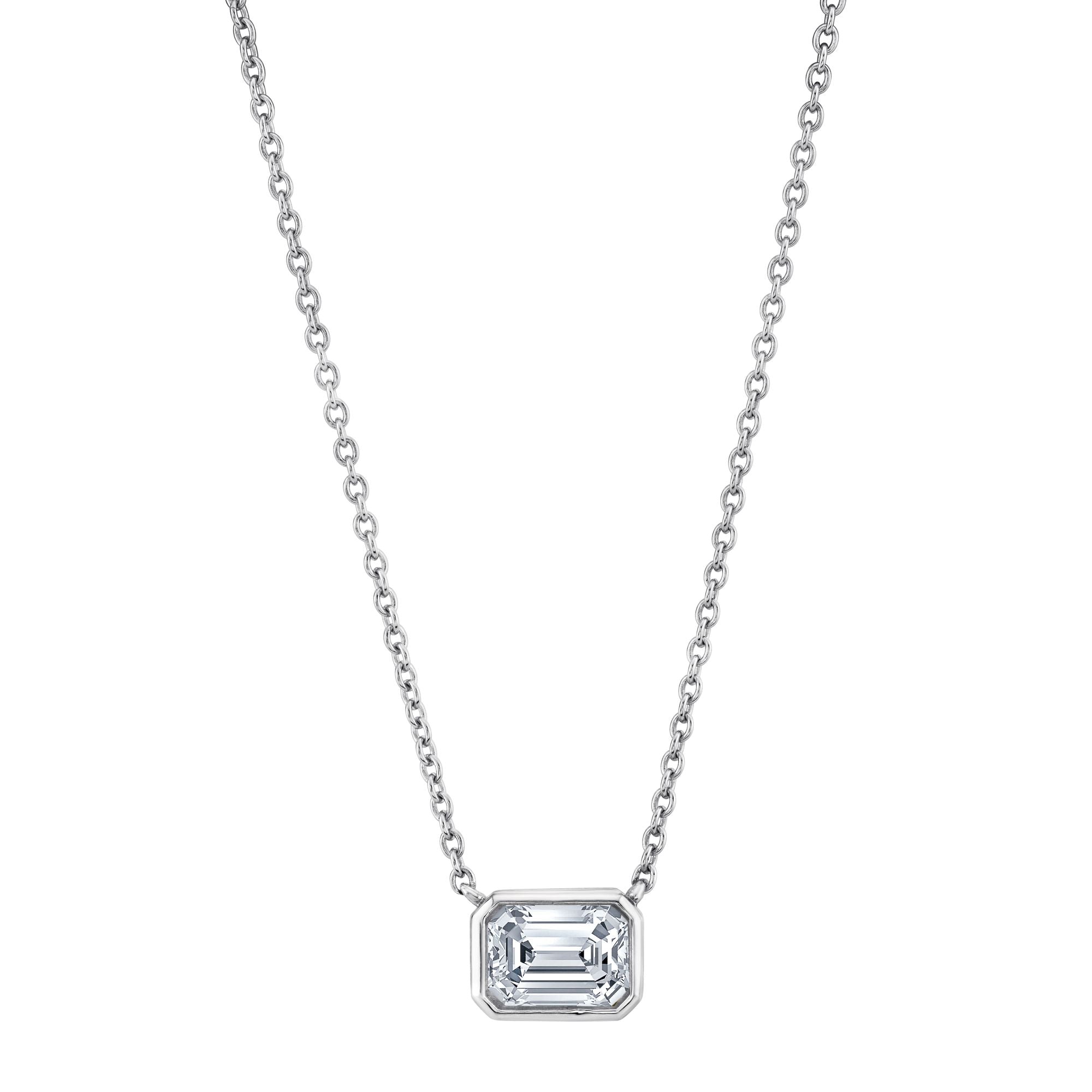1 Ct. Moissanite Emerald-cut East West Pendant Necklace 18K White Gold on Silver Adjustable Chain