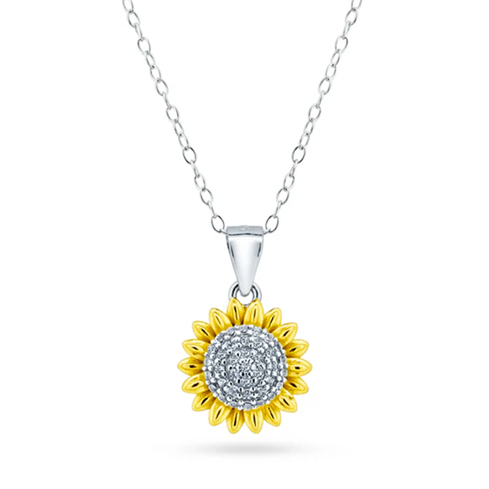 Womens 14K Gold Plated Sun Flower Pendant Necklace & Earrings Set Cubic Zirconia Two-Tone Adjustable Chain