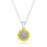 Womens 14K Gold Plated Sun Flower Pendant Necklace & Earrings Set Cubic Zirconia Two-Tone Adjustable Chain