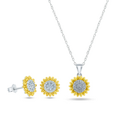 Womens 14K Gold Plated Sun Flower Pendant Necklace & Earrings Set Cubic Zirconia Two-Tone Adjustable Chain