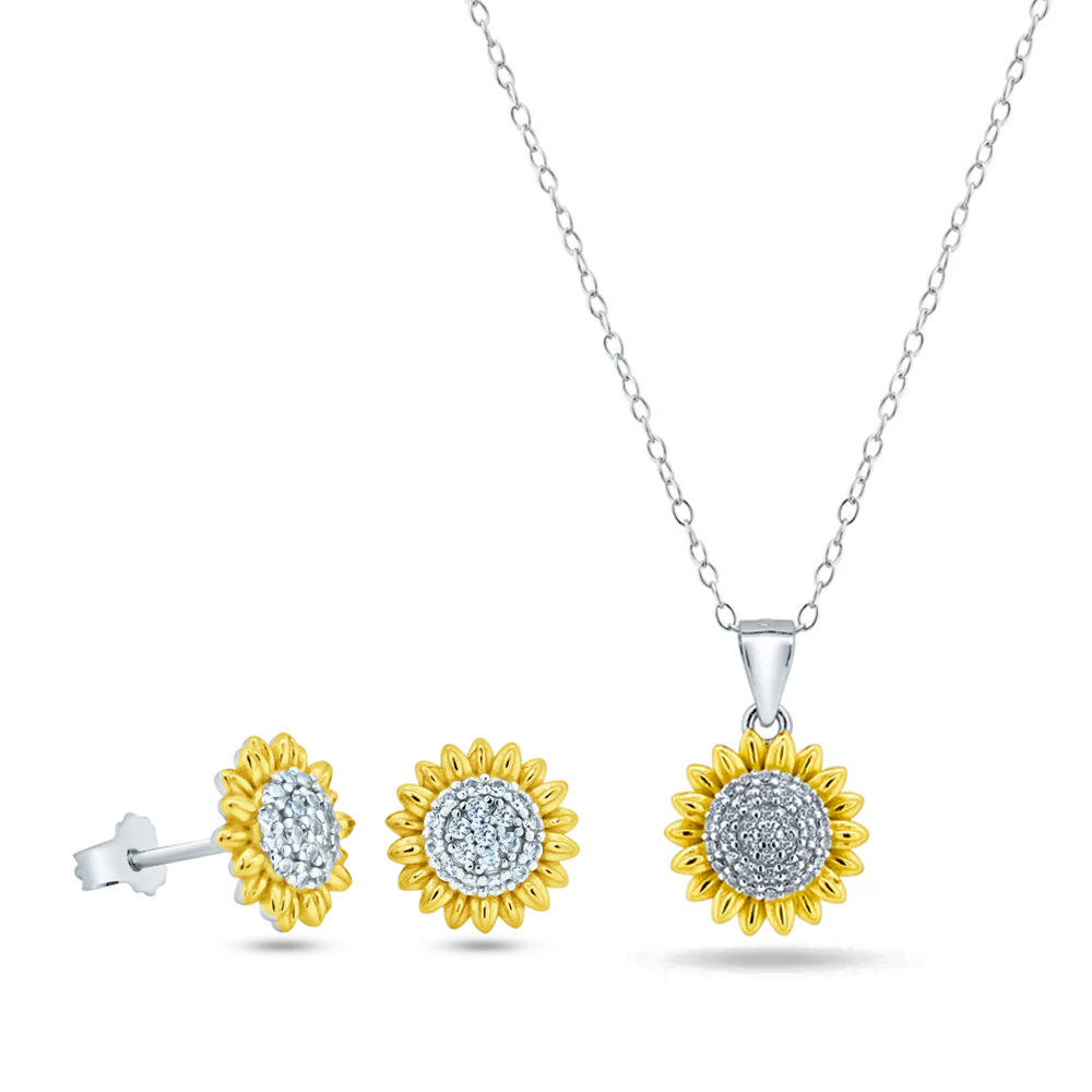 Womens 14K Gold Plated Sun Flower Pendant Necklace & Earrings Set Cubic Zirconia Two-Tone Adjustable Chain