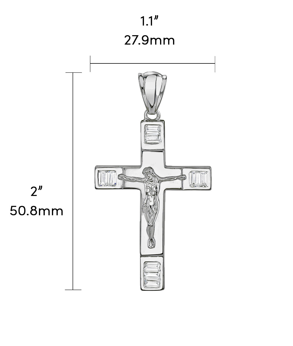 925 Sterling Silver Cross Crucifix Pendant Necklace Baguette CZ 2-Inch