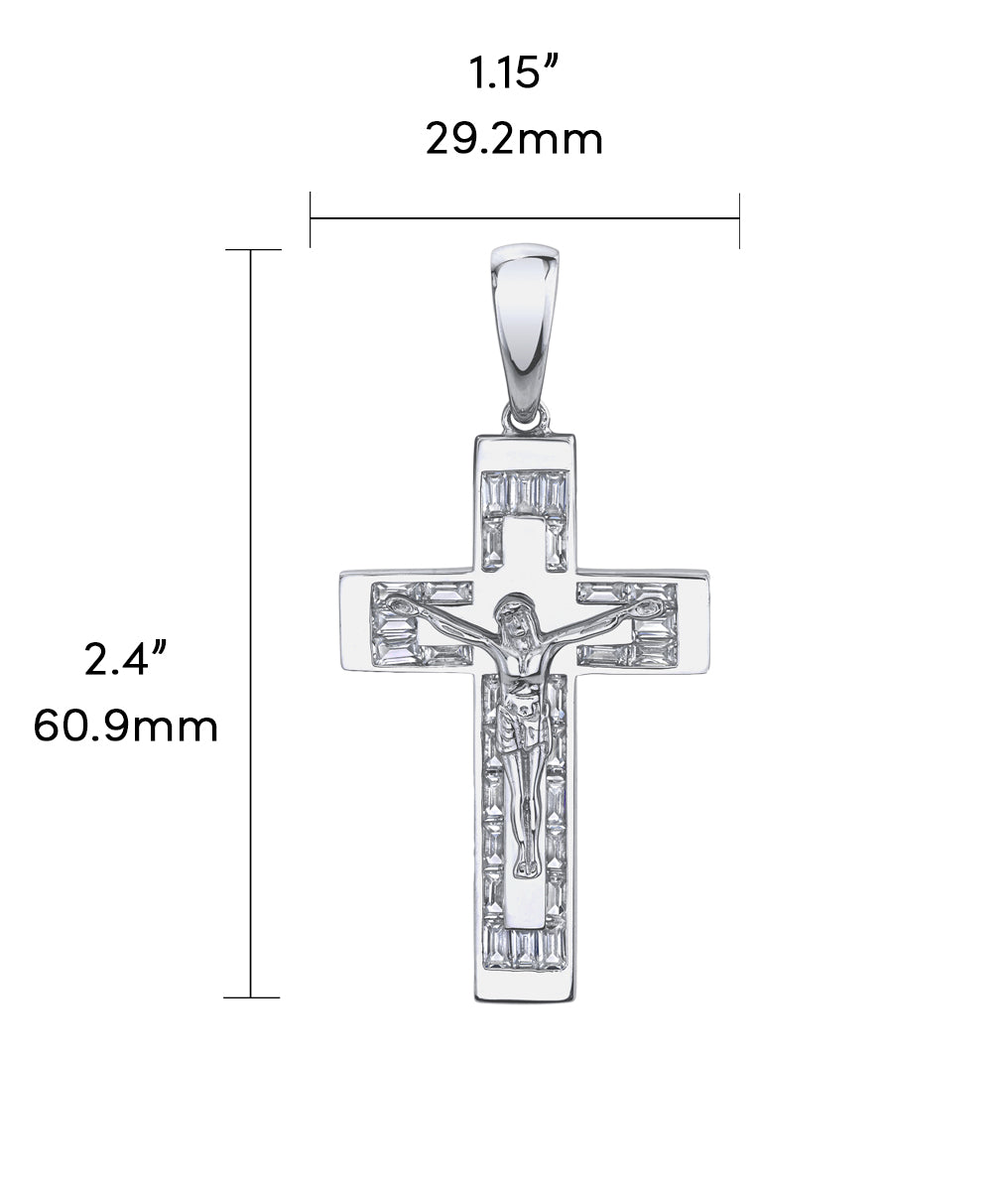 2.2 Carats 925 Sterling Silver Cross Crucifix Pendant Necklace Baguette CZ 2.4-Inch