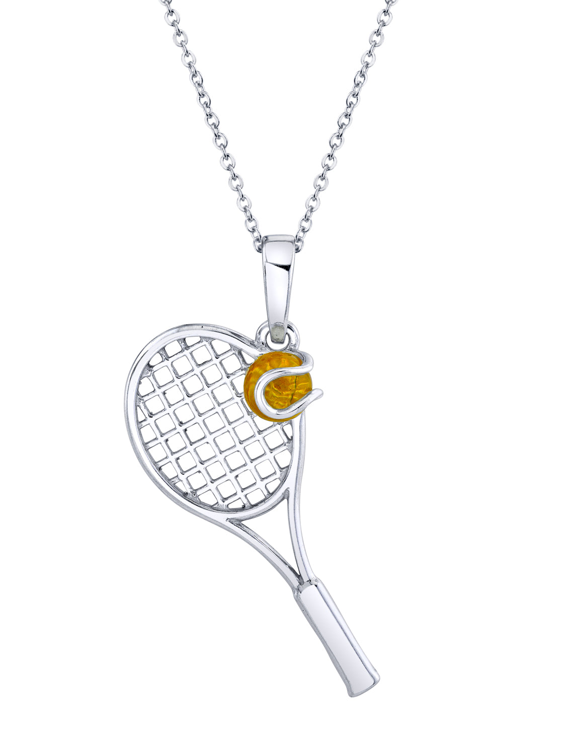 925 Sterling Silver Tennis Racquet & Ball Pendant Amber Necklace 18" Chain