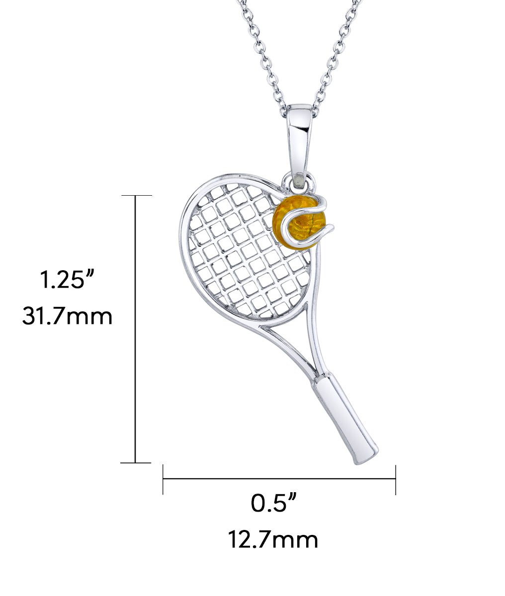 925 Sterling Silver Tennis Racquet & Ball Pendant Amber Necklace 18" Chain