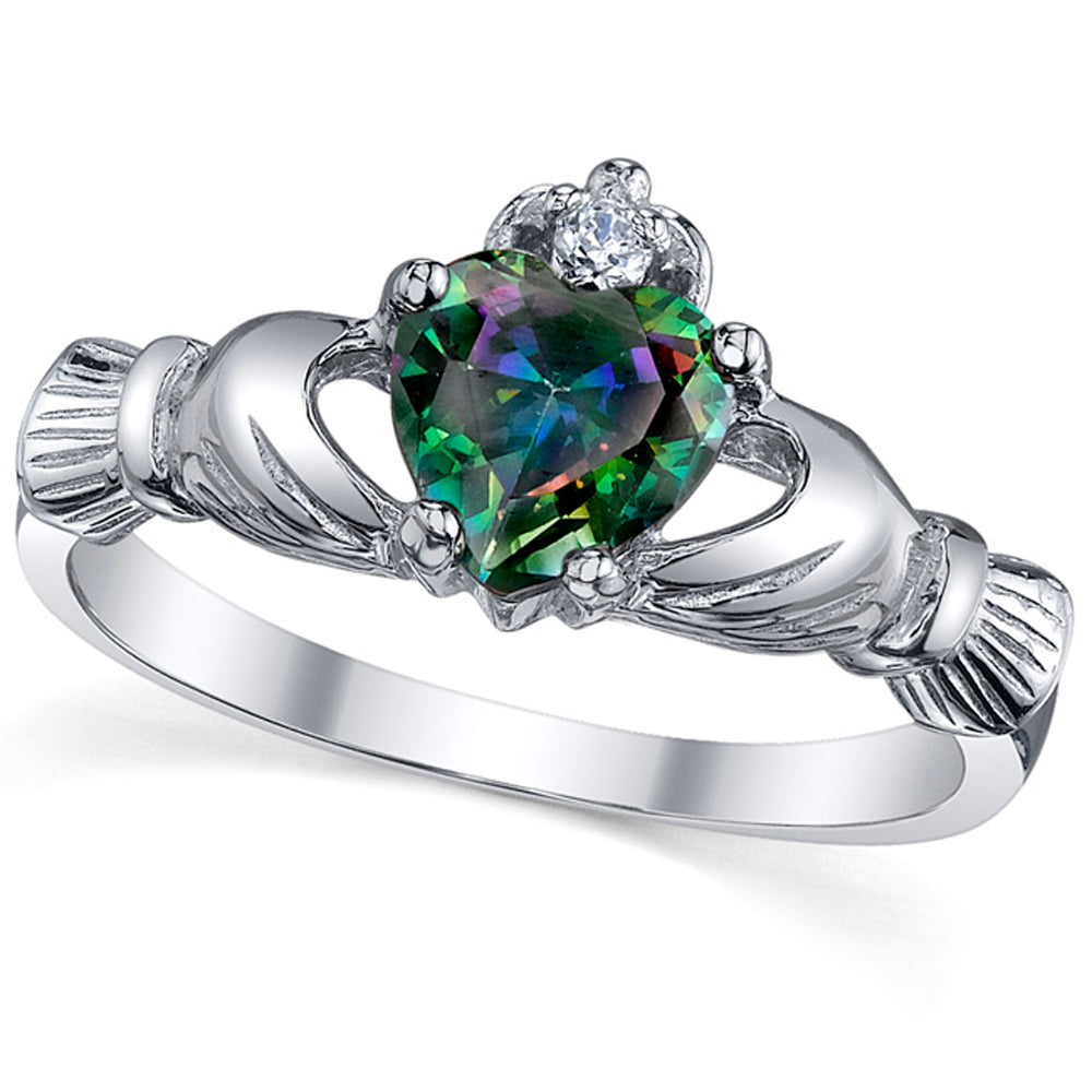 Women's Sterling Silver 925 Irish Claddagh Friendship Love Mystic Rainbow Simulated Topaz Heart Cubic Zirconia Ring