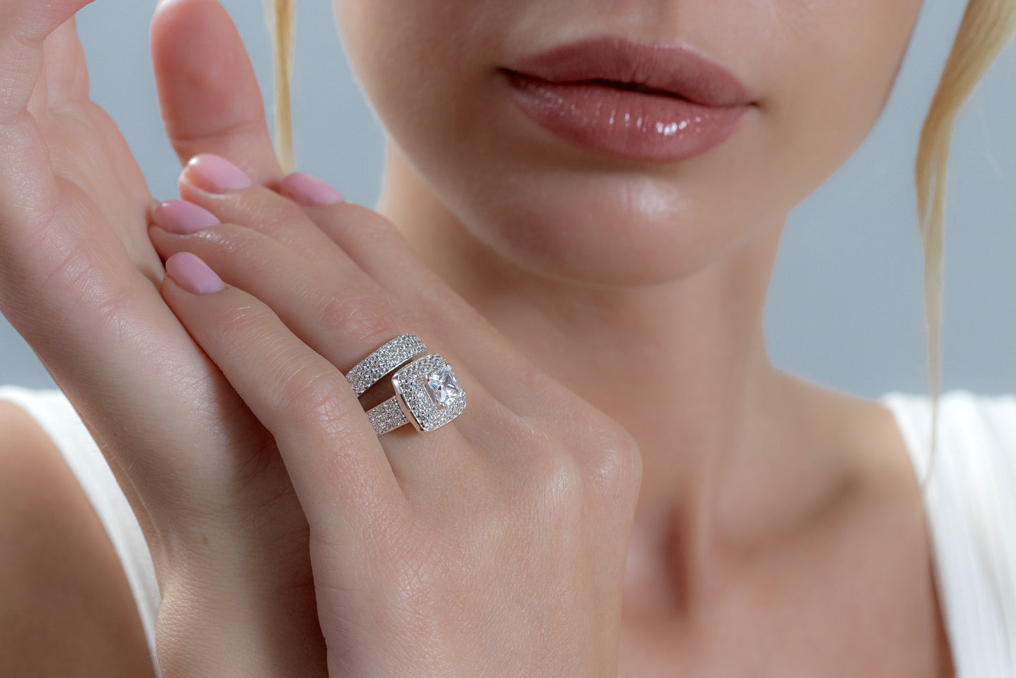 Women's 1Ct. Sterling Silver 925 Princess-cut Double Halo Cubic Zirconia Wedding Engagement Ring Set