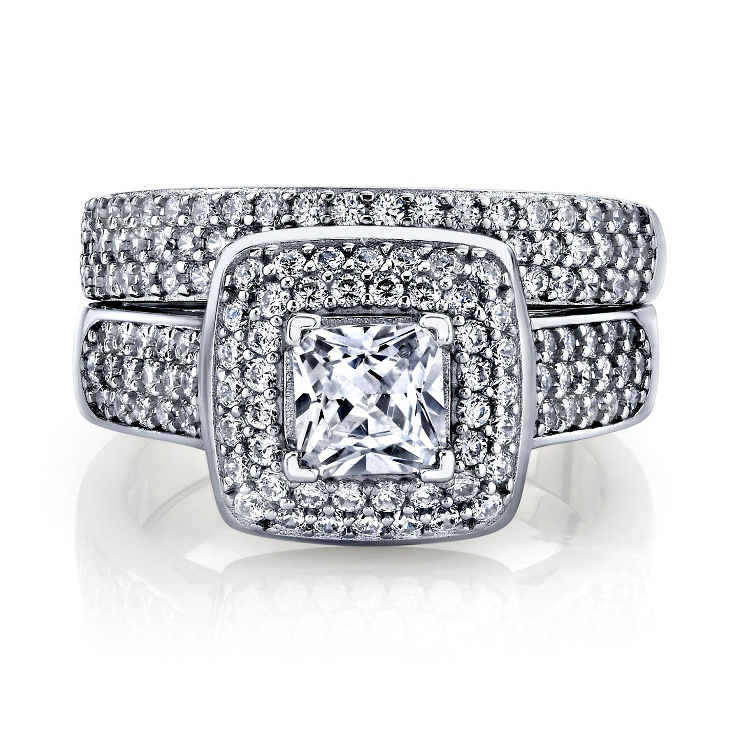 Women's 1Ct. Sterling Silver 925 Princess-cut Double Halo Cubic Zirconia Wedding Engagement Ring Set