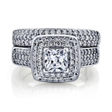 Women's 1Ct. Sterling Silver 925 Princess-cut Double Halo Cubic Zirconia Wedding Engagement Ring Set