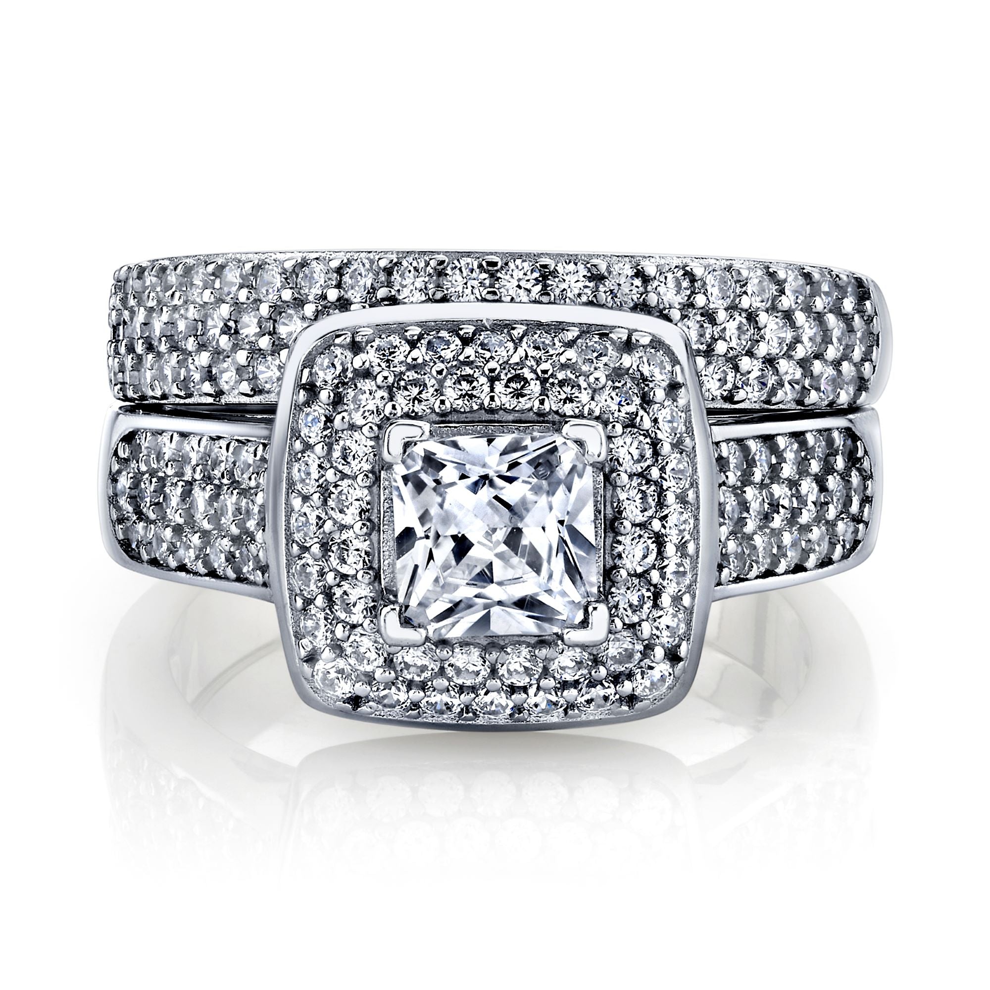 Women's 1Ct. Sterling Silver 925 Princess-cut Double Halo Cubic Zirconia Wedding Engagement Ring Set