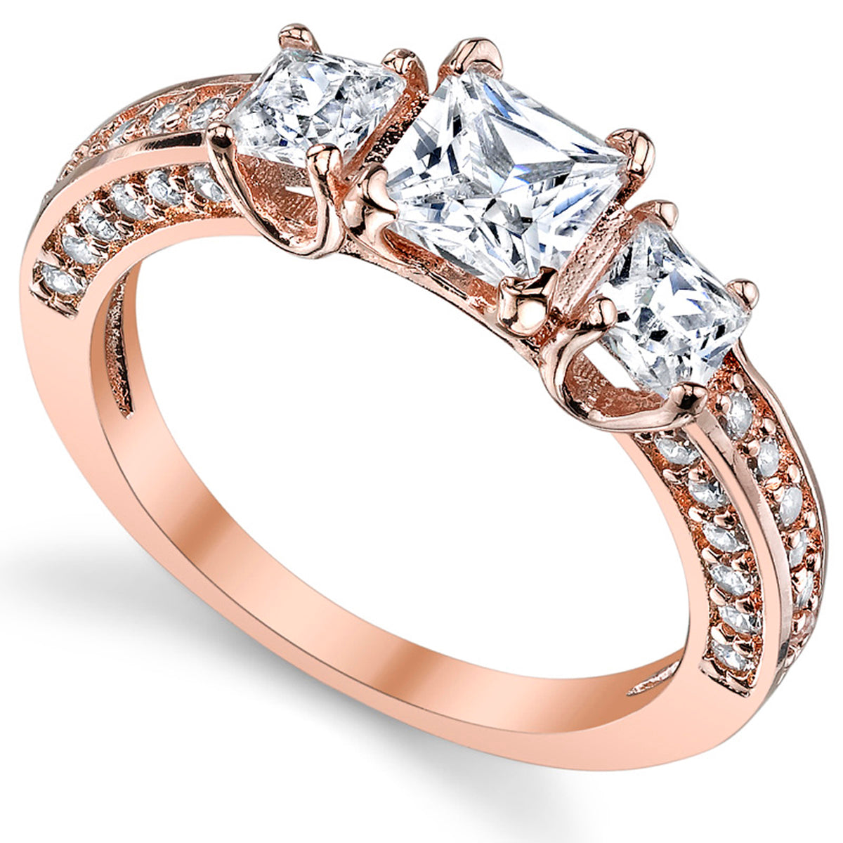 Women's Rose Plated Princess Cut CZ "Past Present Future Sterling Silver Wedding Engagement Ring
