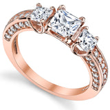 Women's Rose Plated Princess Cut CZ "Past Present Future Sterling Silver Wedding Engagement Ring