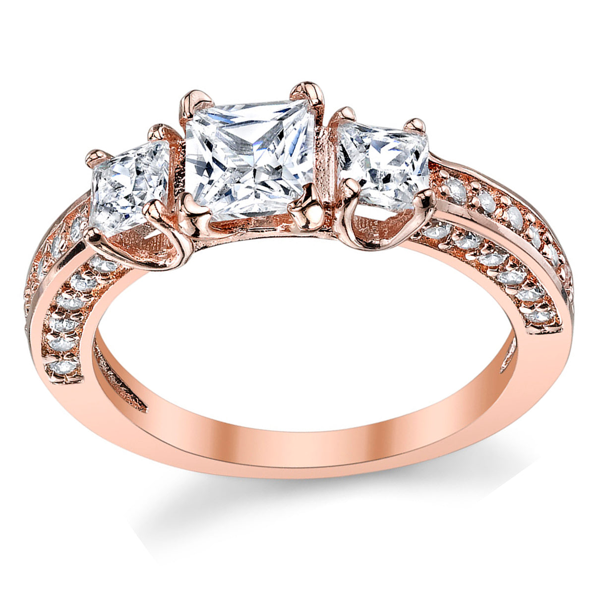 Women's Rose Plated Princess Cut CZ "Past Present Future Sterling Silver Wedding Engagement Ring