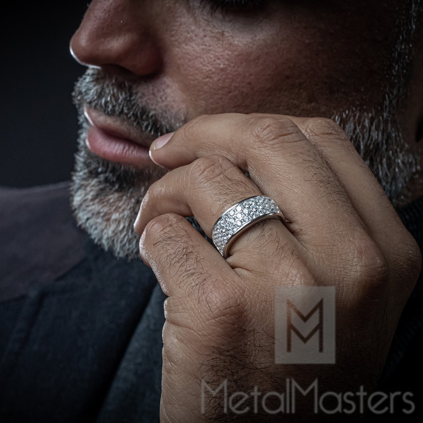 Sterling Silver 925 14K Gold Mens Wedding Band Engagement Ring 3 Row Cubic Zirconia CZ 9MM