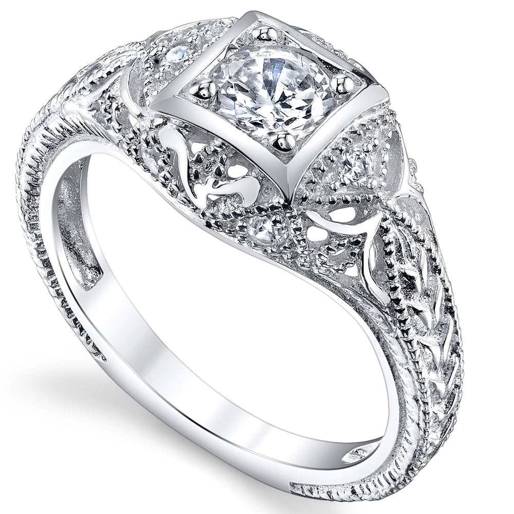 Women's Carved Sterling Silver Vintage Cubic Zirconia BridalEngagement Ring Sizes 5-12