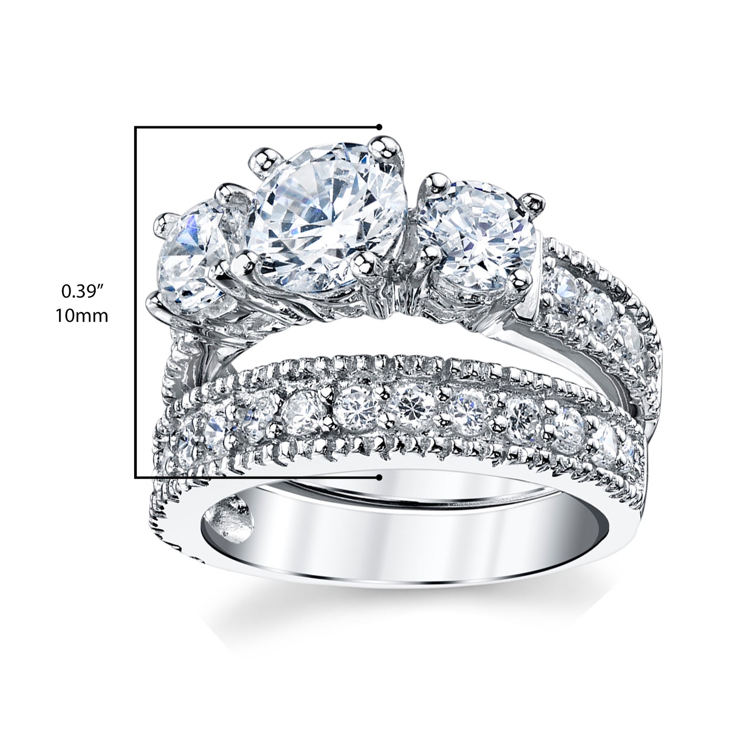 Women's 3.4Ct. Sterling Silver Past Present Future 2-Pc Bridal Set Engagement Wedding Ring Cubic Zirconia
