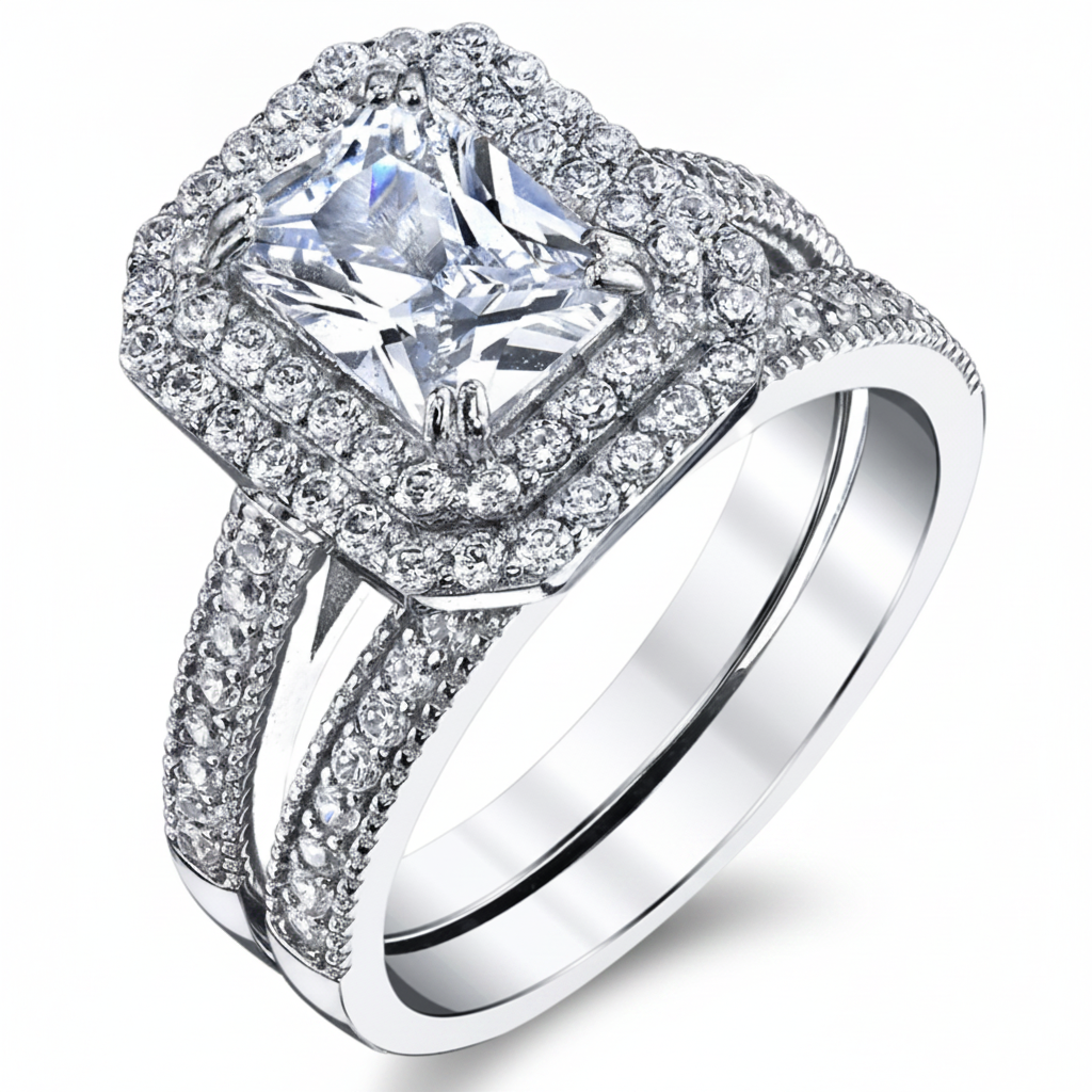 Womens 2 Carat Emerald-cut Sterling Silver 925 Double Halo CZ Wedding Engagement Ring Bridal Set