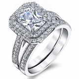 Womens 2 Carat Emerald-cut Sterling Silver 925 Double Halo CZ Wedding Engagement Ring Bridal Set