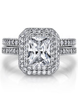 Womens 2 Carat Emerald-cut Sterling Silver 925 Double Halo CZ Wedding Engagement Ring Bridal Set