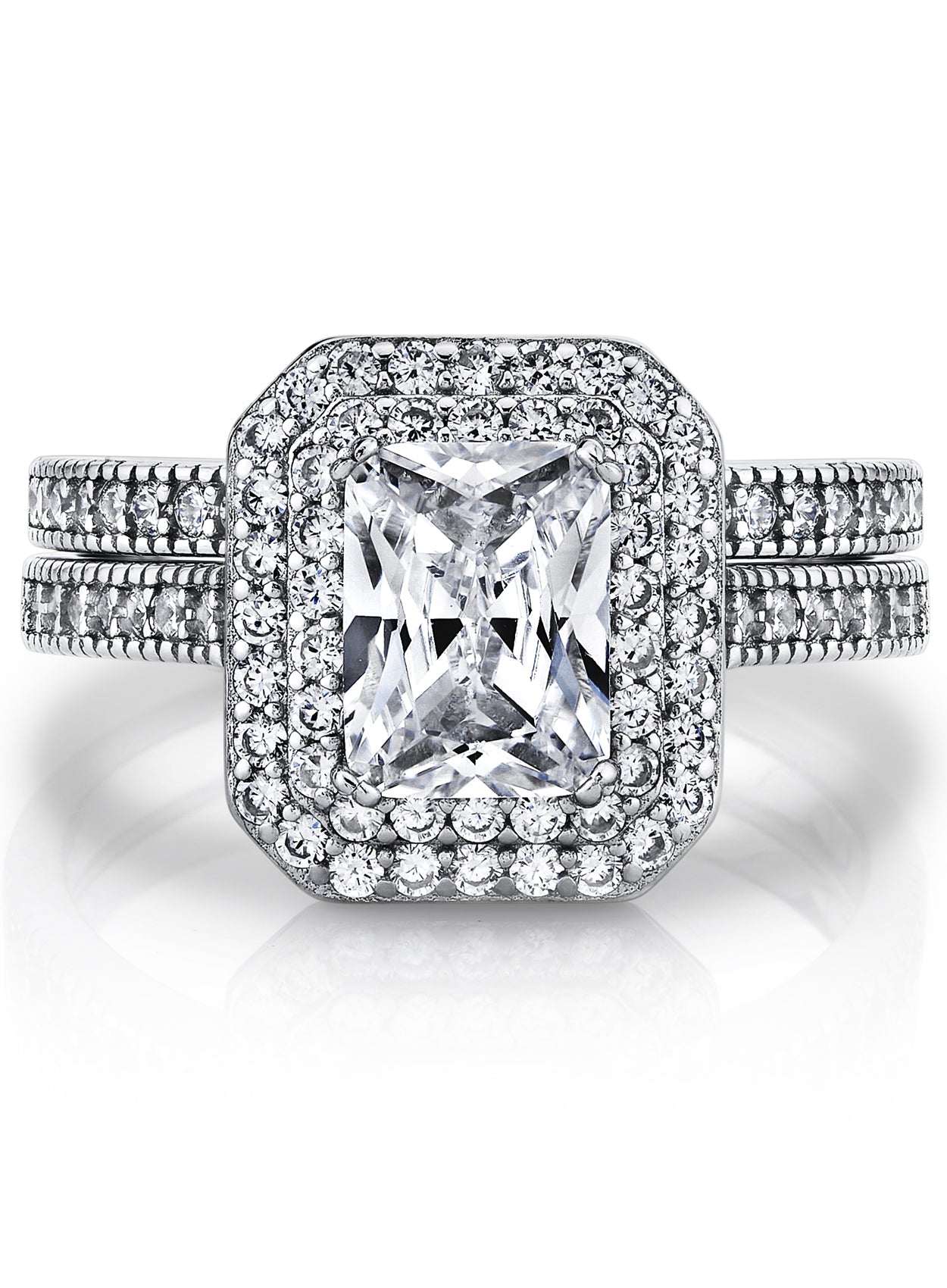 Womens 2 Carat Emerald-cut Sterling Silver 925 Double Halo CZ Wedding Engagement Ring Bridal Set