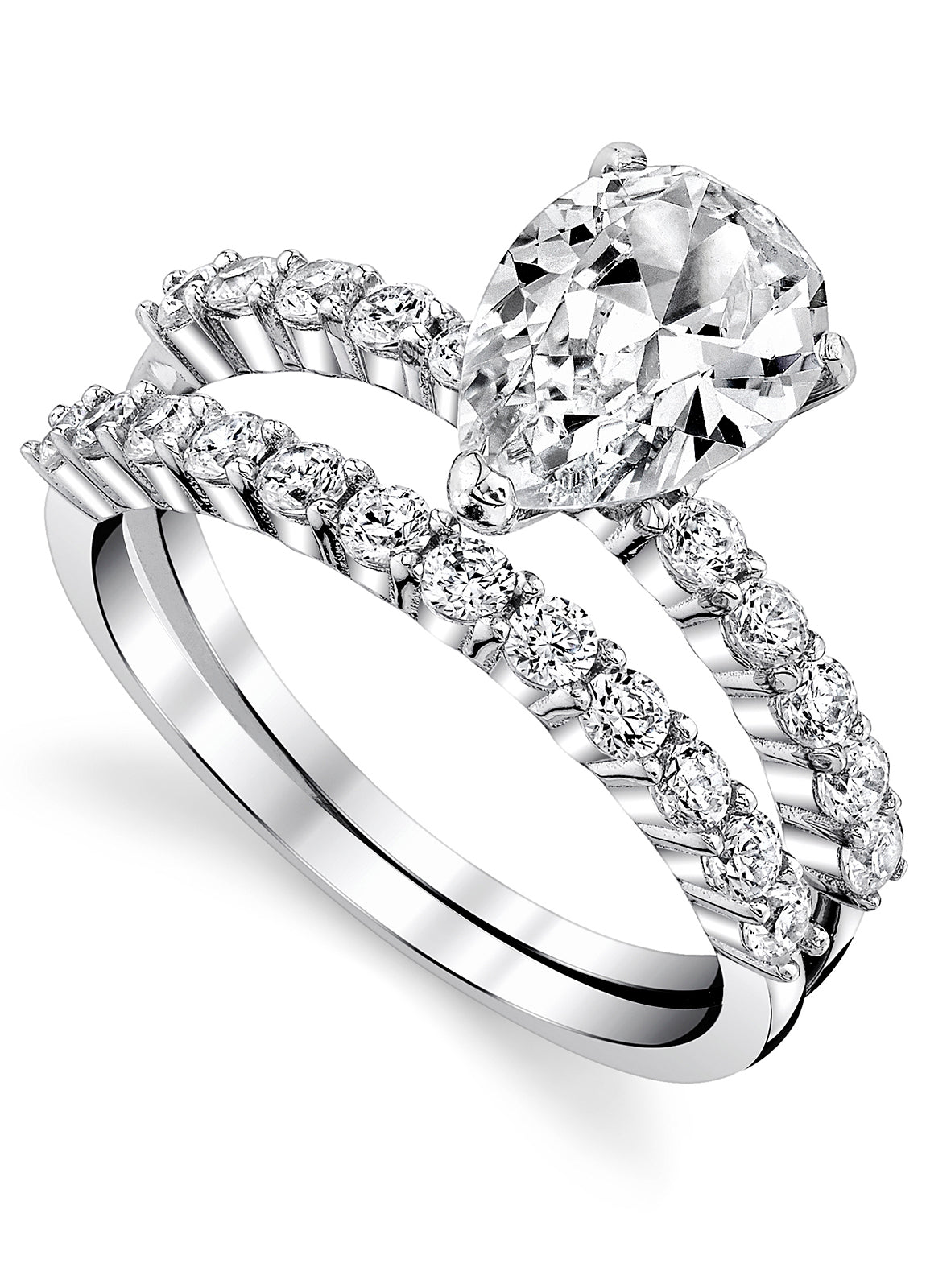Women's Sterling Silver 925 Bridal Set Engagement Rings 1.5 Carat Pear Tear Shape Cubic Zirconia 5-9