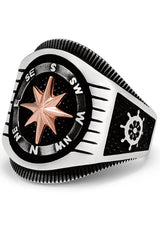Men's Nautical Compass Sailing Ring 925 Sterling Silver Black 23MM