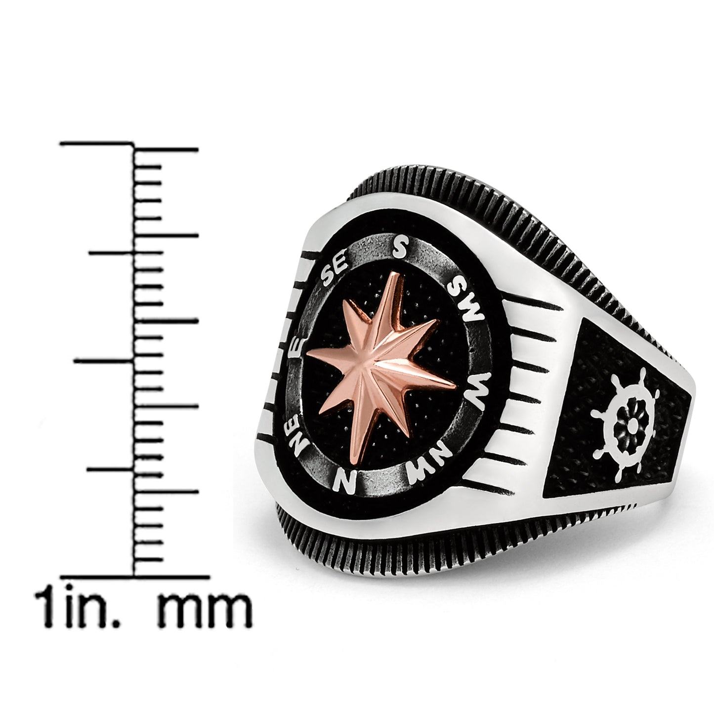 Men's Nautical Compass Sailing Ring 925 Sterling Silver Black 23MM
