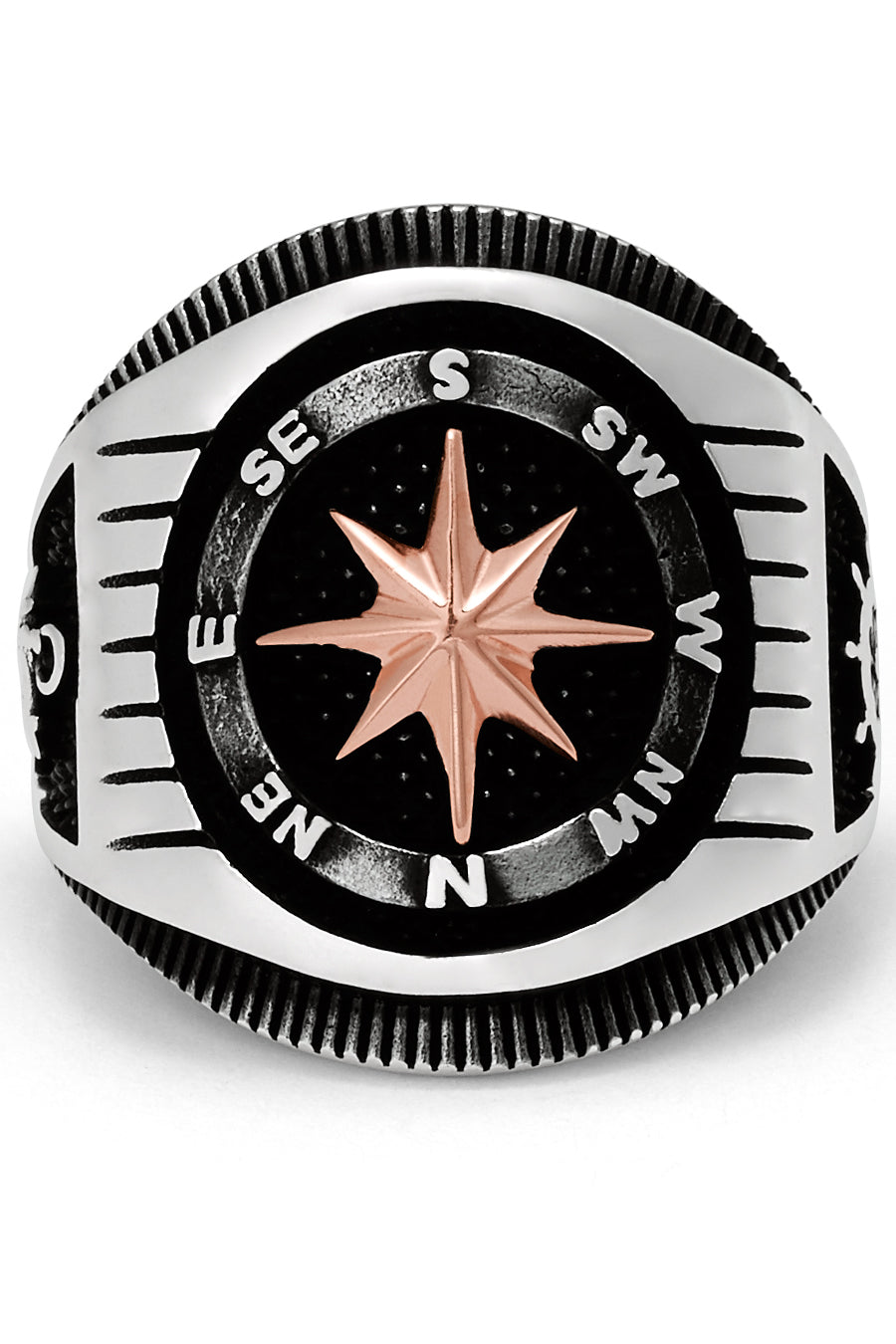 Men's Nautical Compass Sailing Ring 925 Sterling Silver Black 23MM