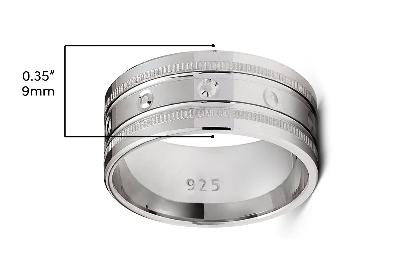 Men's Sterling Silver 925 Ring Milgrain Wedding Band Grooved Comfort-Fit 9MM