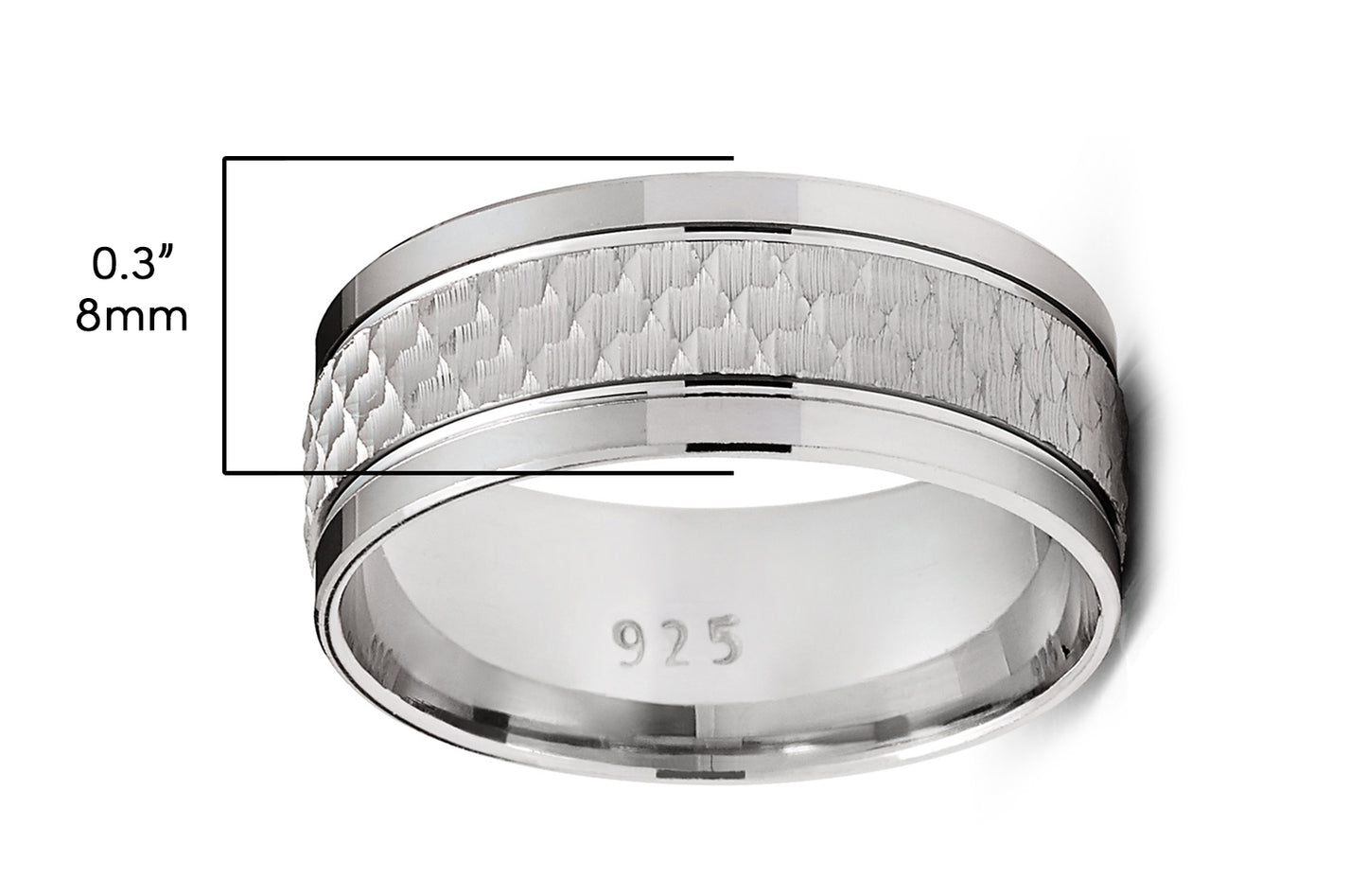 Men's Sterling Silver 925 Ring Hammered Wedding Band Comfort-Fit 8MM