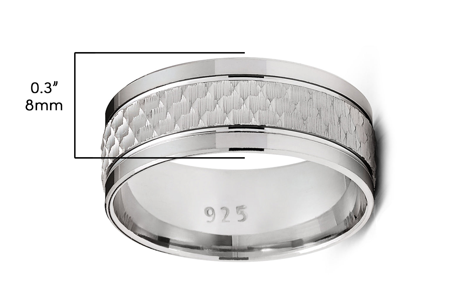Men's Sterling Silver 925 Ring Hammered Wedding Band Comfort-Fit 8MM