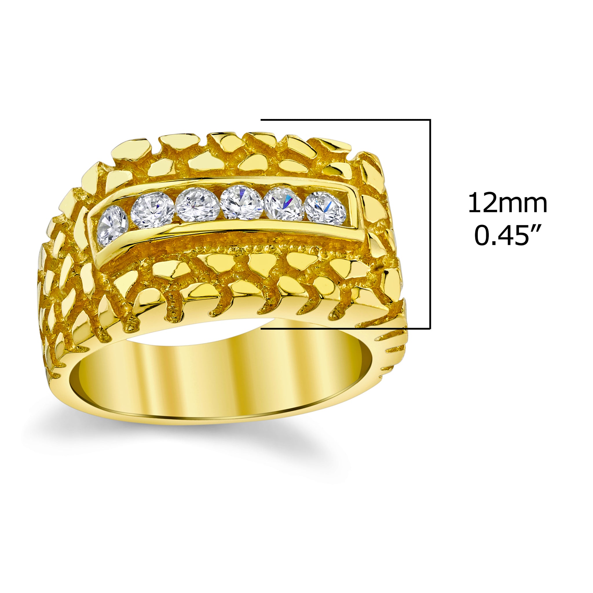 Mens Sterling Silver 925 .36Ct Goldtone Nugget Wedding Band Ring Cubic Zirconia CZ 12MM