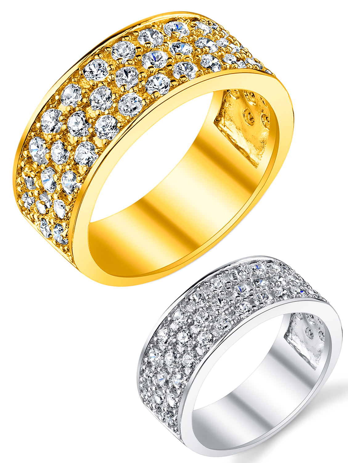 Sterling Silver 925 14K Gold Mens Wedding Band Engagement Ring 3 Row Cubic Zirconia CZ 9MM