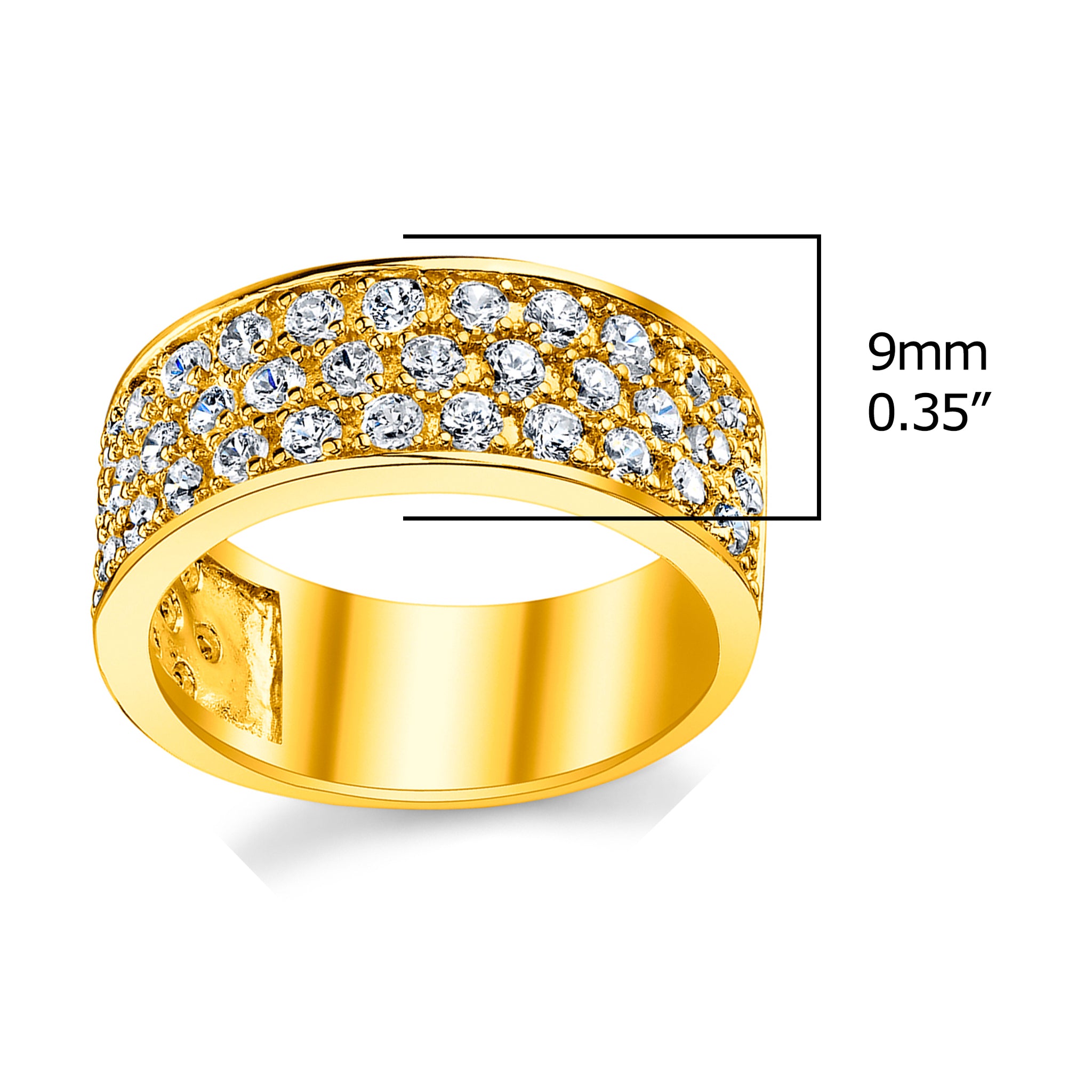 Sterling Silver 925 14K Gold Mens Wedding Band Engagement Ring 3 Row Cubic Zirconia CZ 9MM