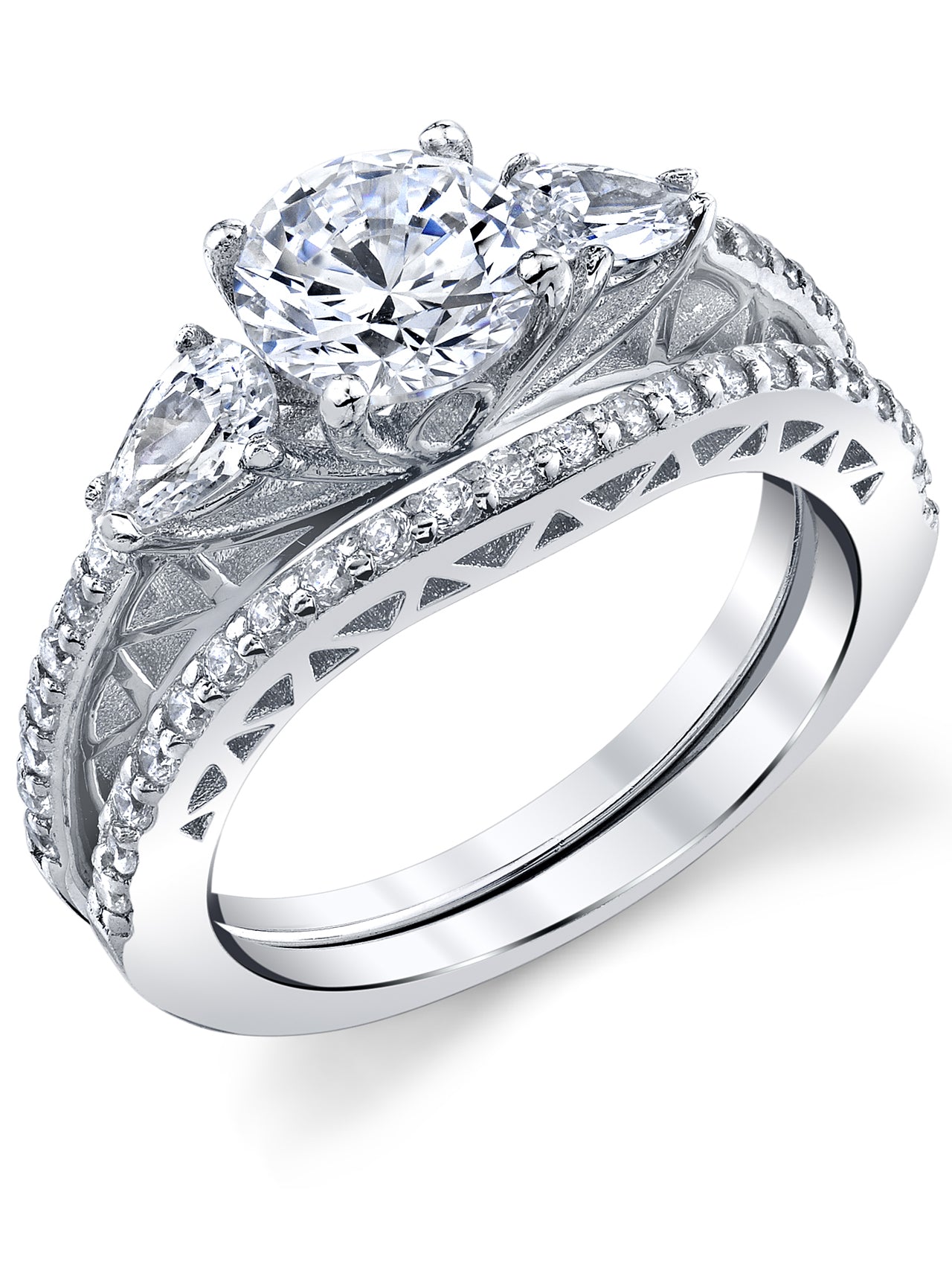 1.32Ct Sterling Silver 2Pc Round-cut Bridal Set Engagement Wedding Ring CZ